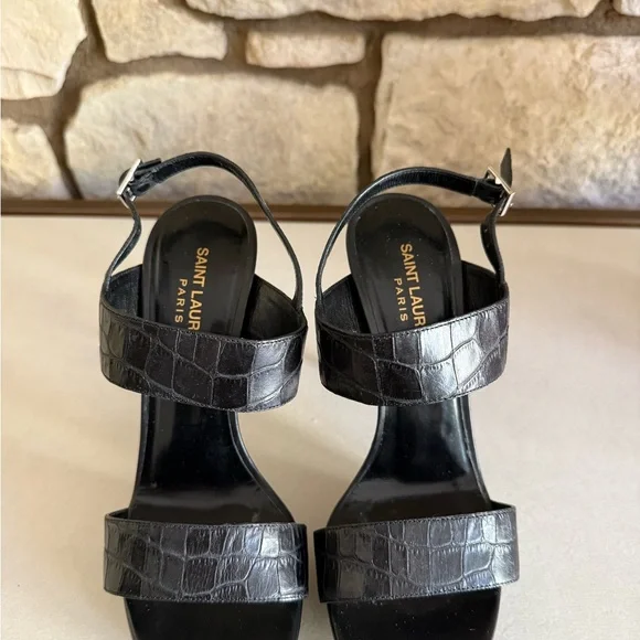 Black Croc-Embossed Leather Women's Sandals - Picture 5 of 12